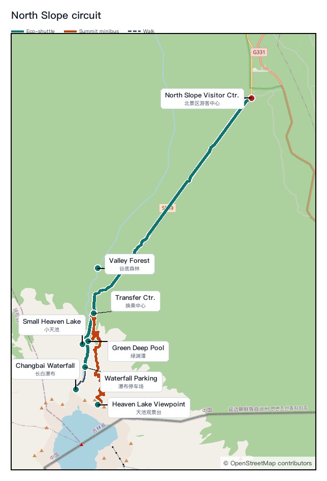North Slope circuit map starting at the visitor center, with the eco-shuttle and summit minibus lines following the mapped scenic roads