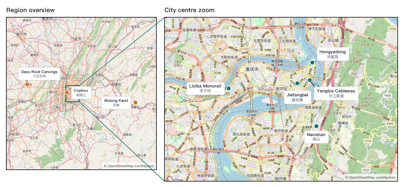 Side-by-side Chongqing region overview and city centre zoom maps with numbered attraction dots