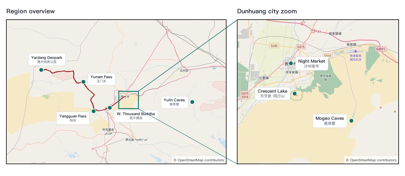 Dunhuang regional overview and city zoom maps showing eight numbered attractions, including the west-line road from Dunhuang town through the Western Thousand Buddha Caves, Yangguan, and Yumen to Yardang Geopark