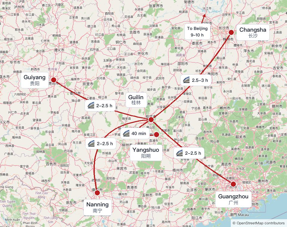 High-speed rail travel times from Guilin to Yangshuo, Guangzhou, Nanning, Guiyang, and Changsha, with Beijing shown as a directional arrow