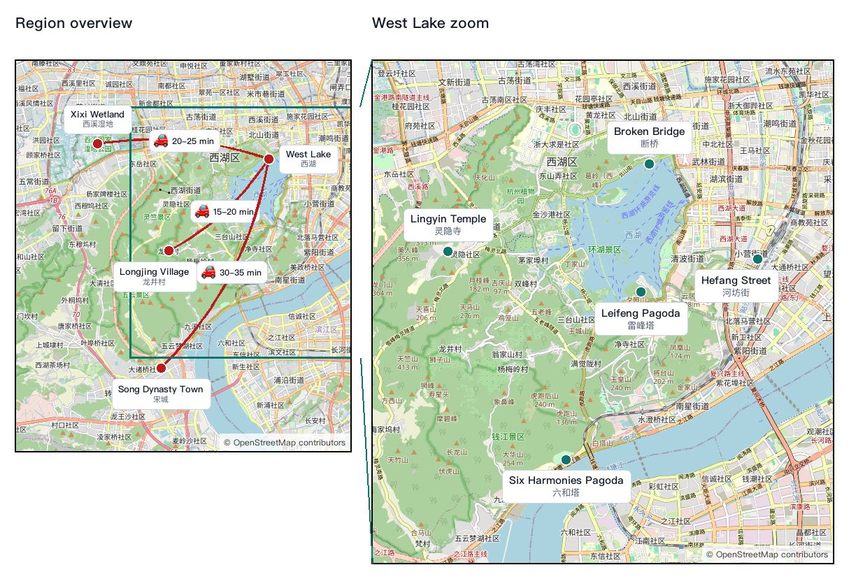Side-by-side Hangzhou region overview and West Lake zoom maps with numbered attraction dots