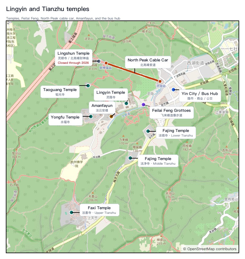 Map of Lingyin Temple, the Feilai Feng grotto walkway opposite the temple, Yongfu Temple, Taoguang Temple, Lingshun Temple, Amanfayun, the three Tianzhu temples, Yin City bus hub, and the North Peak cable car
