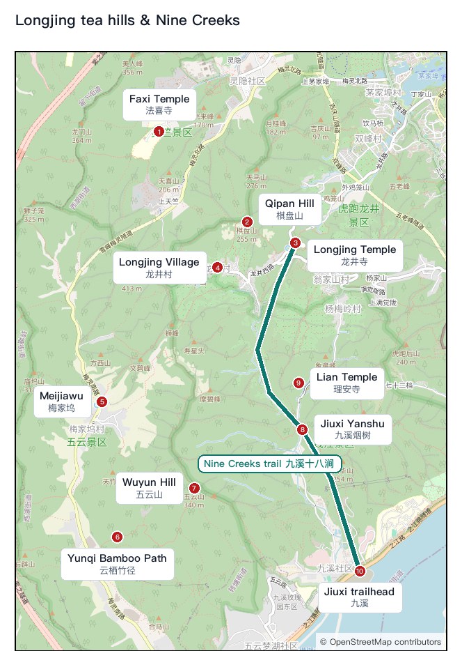 Map of the Longjing tea hills with ten numbered sights and the Nine Creeks walking trail from Longjing down to Jiuxi