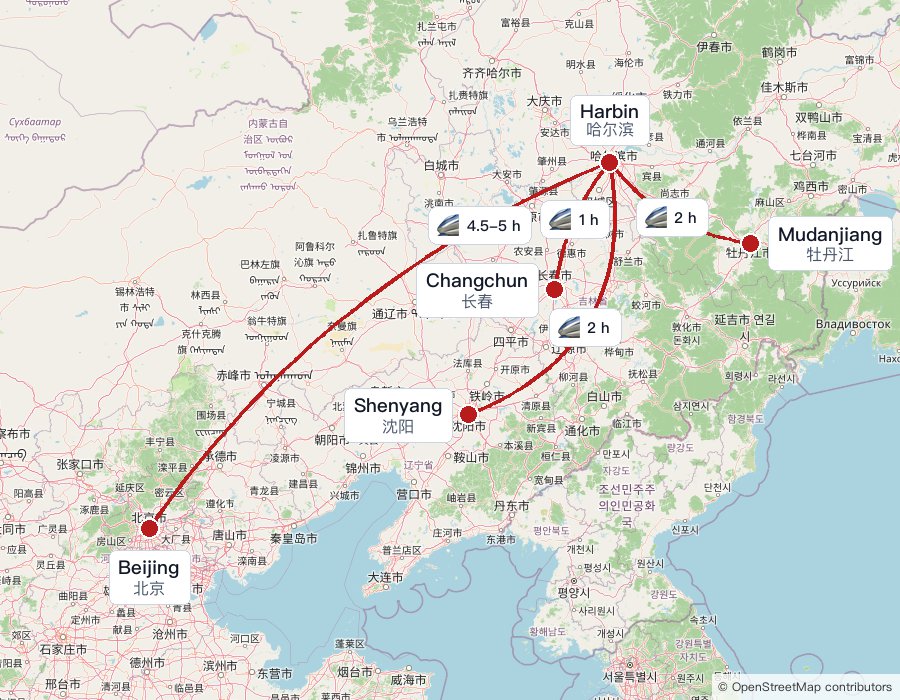 High-speed rail travel times from Harbin to Changchun, Shenyang, Mudanjiang, and Beijing
