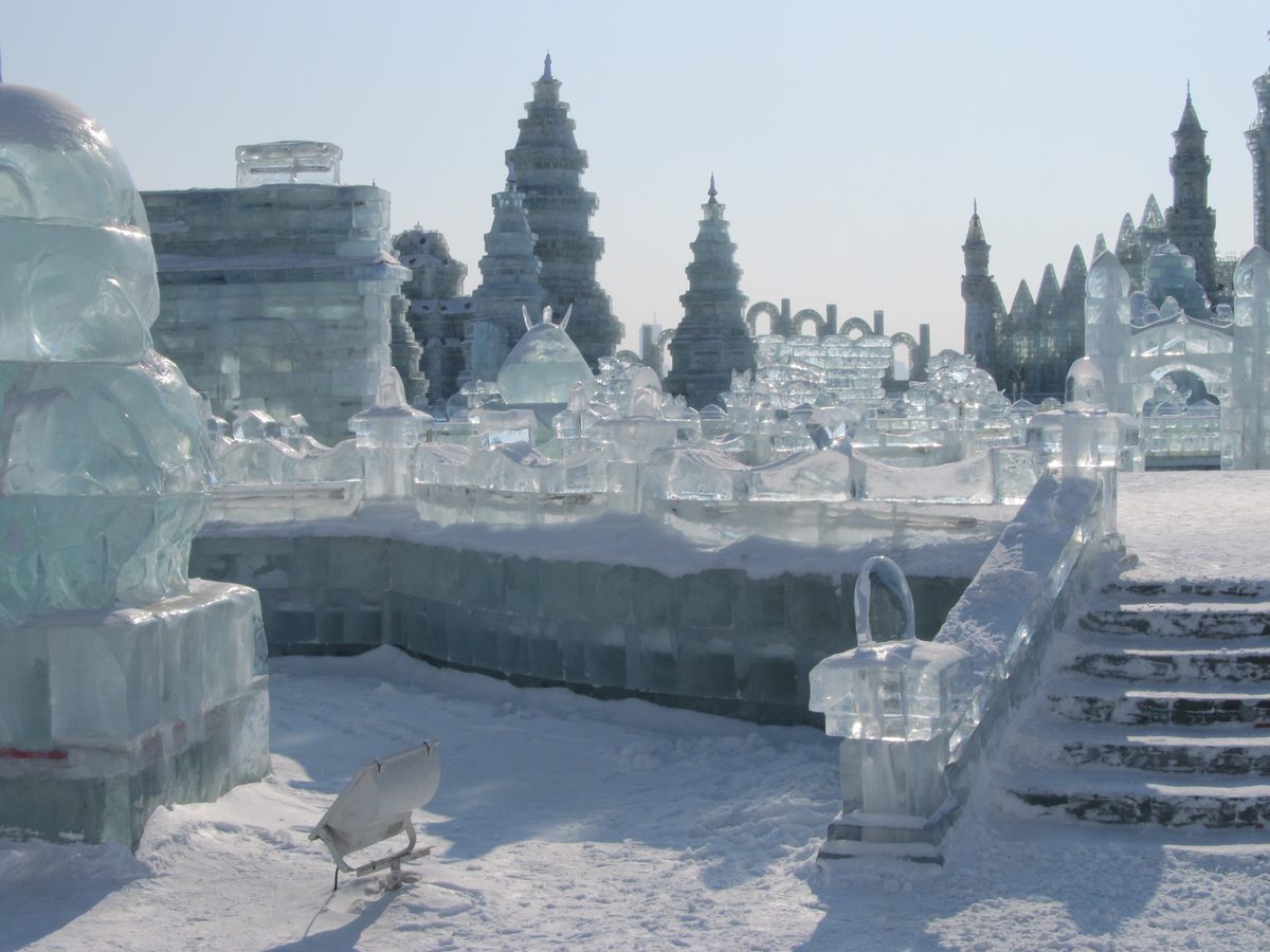 Illuminated ice castles and sculptures at Harbin's Ice and Snow World