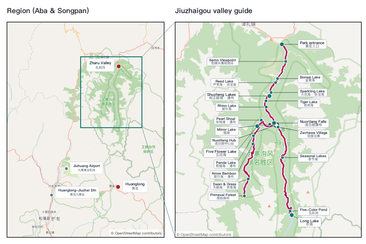 Side-by-side map of the wider Aba region and a tightly framed OSM map of the Jiuzhaigou valley with the shuttle route traced along the roads