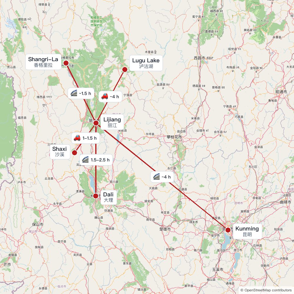Travel times from Lijiang to Kunming, Dali, Shangri-La, Lugu Lake, and Shaxi