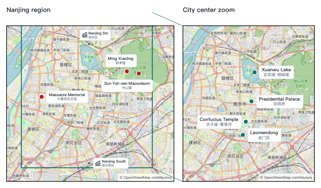 Side-by-side Nanjing region overview and city center zoom maps with numbered attraction dots