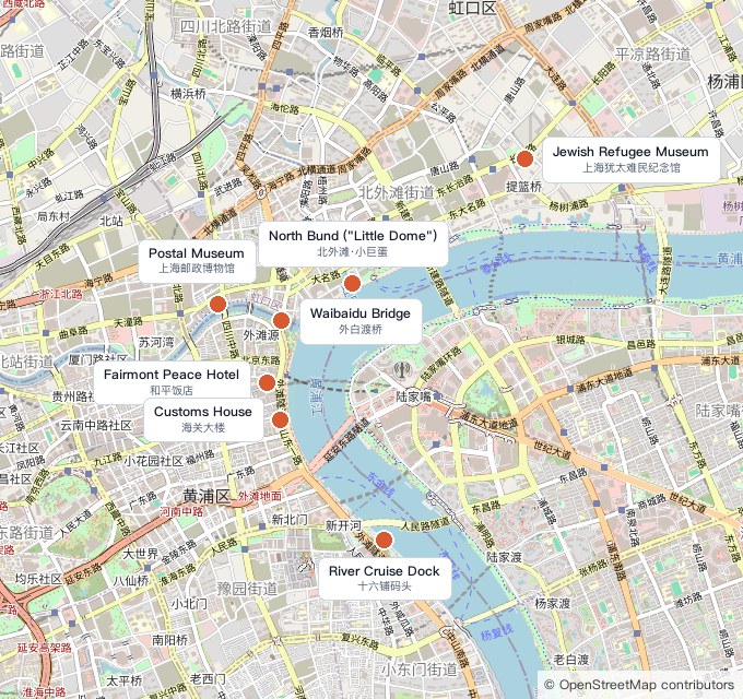 Static map of the Bund and North Bund with 7 key spots labeled directly on the map