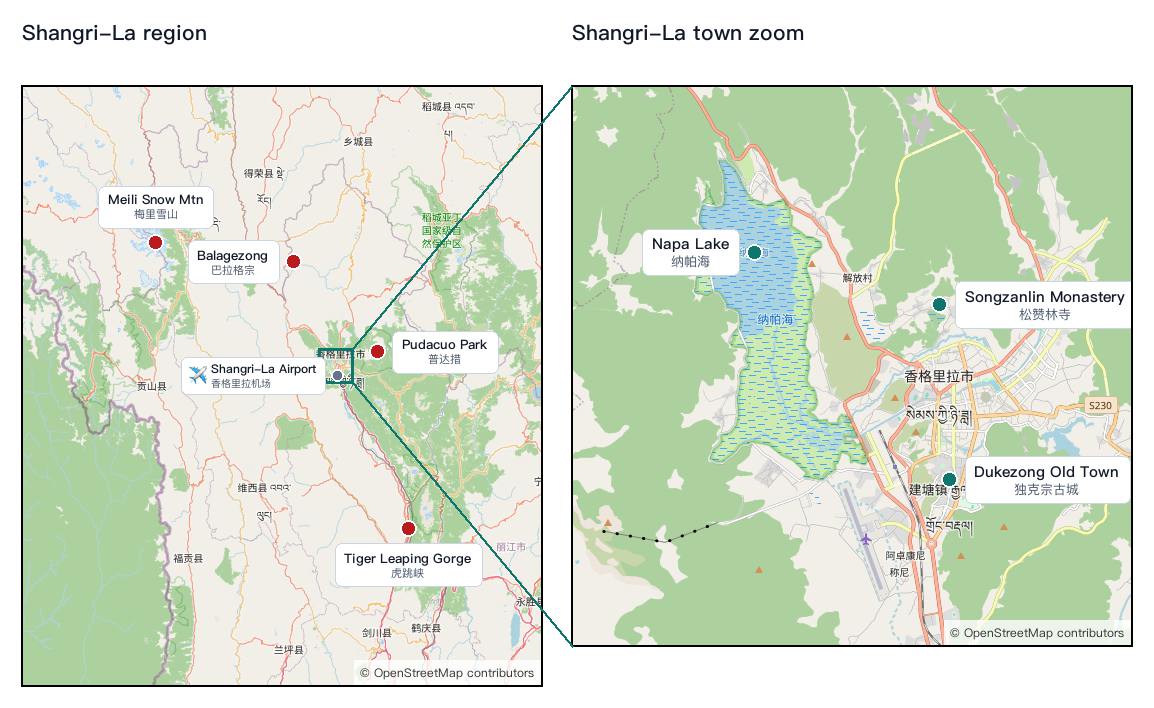 Side-by-side Shangri-La region overview and town zoom maps with numbered attraction dots