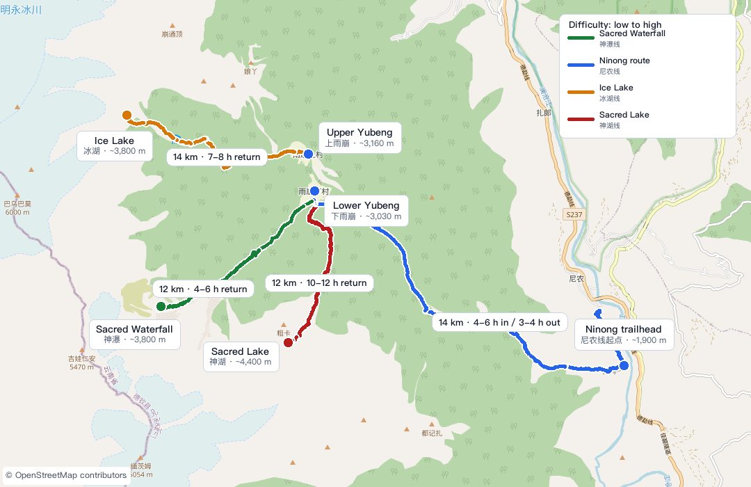 Yubeng hiking map showing the Sacred Waterfall, Ninong, Ice Lake, and Sacred Lake routes