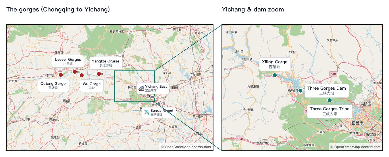 Side-by-side map of the Yangtze gorge corridor from Chongqing to Yichang and a zoom on the Yichang and dam area, with numbered attraction dots