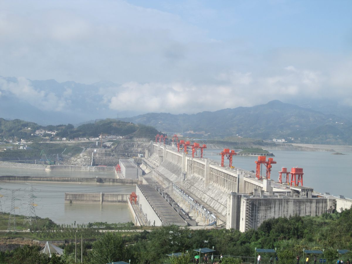 The Three Gorges Dam and its spillway seen from the scenic-area viewpoint