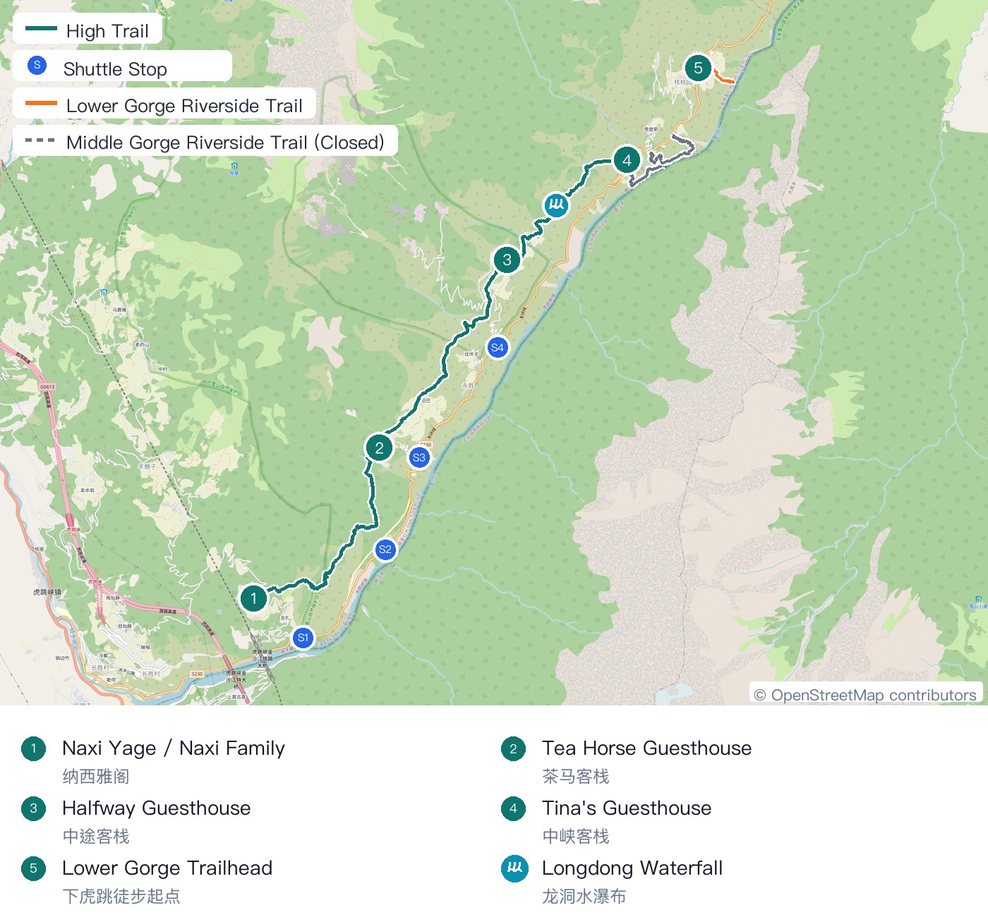 OpenStreetMap view marking the High Trail route, Longdong Waterfall, S230 shuttle stops, Lower Gorge Trailhead, and Middle Gorge Riverside Trail (Closed)