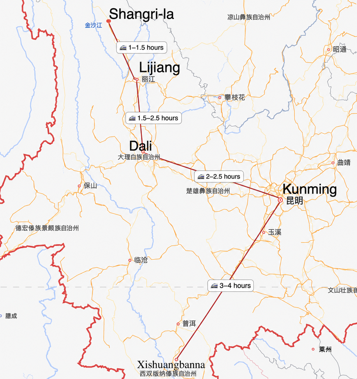 Yunnan rail travel times from Dali to Kunming, Lijiang, Shangri-La, and Xishuangbanna