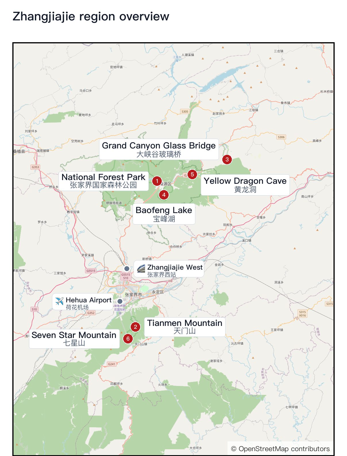 Zhangjiajie region overview map with numbered dots for the National Forest Park, Tianmen Mountain, the Grand Canyon glass bridge, Baofeng Lake, and Yellow Dragon Cave
